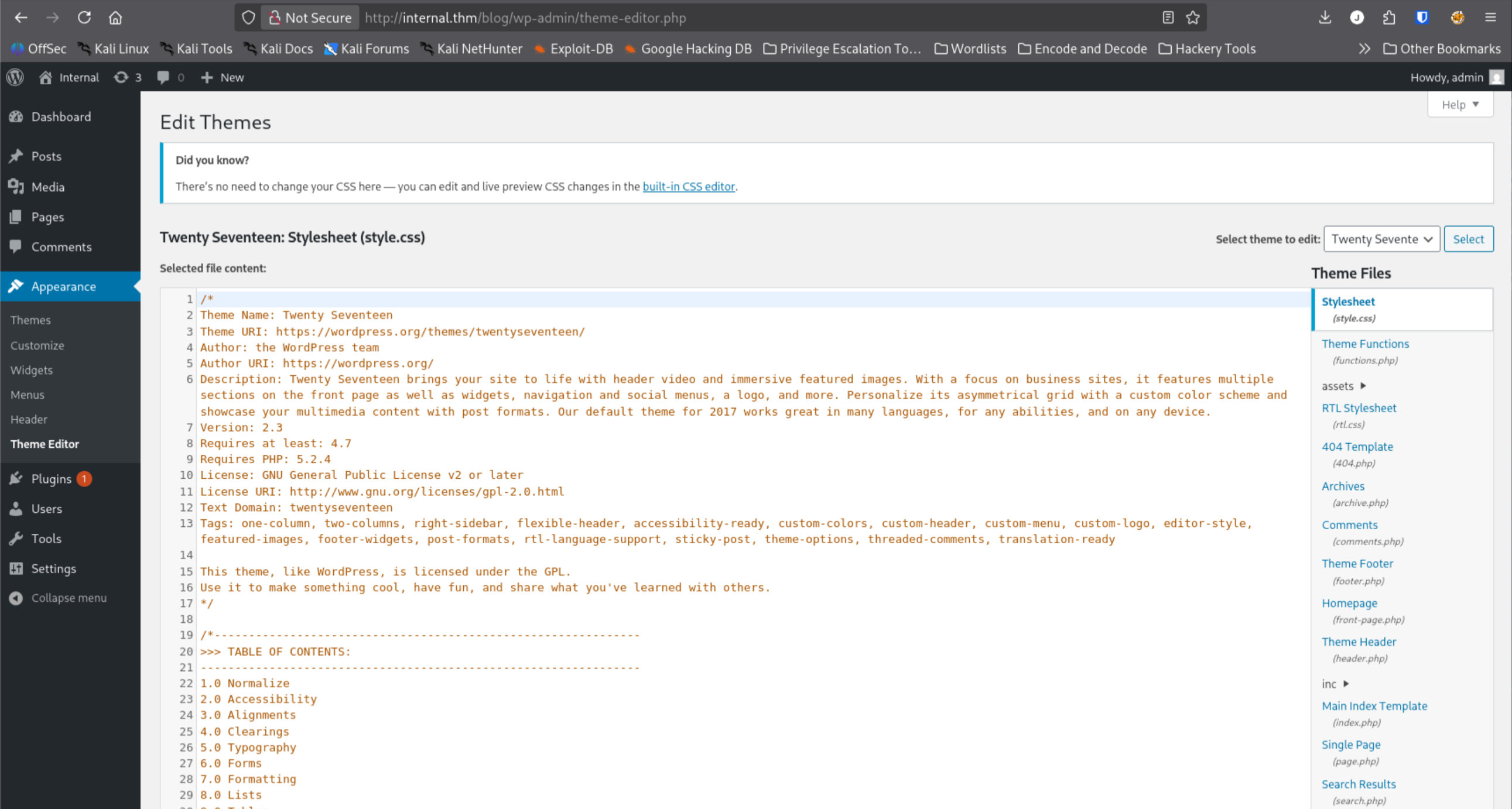 WordPress Theme Editor with 404.php selected for editing